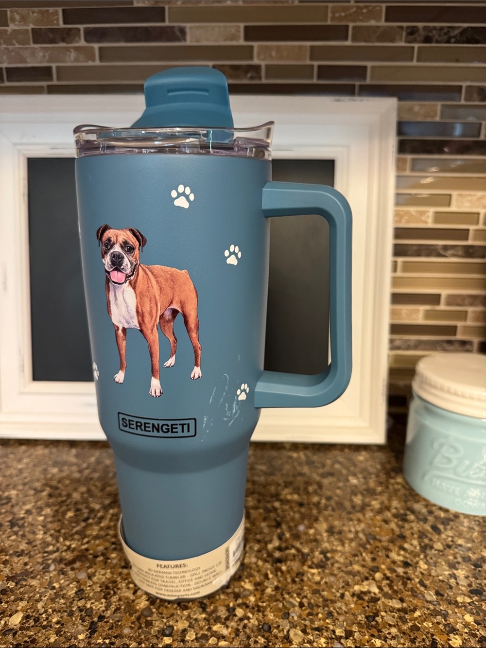 Serengeti Blue Boxer & Paw Print Travel Mug with Handle NEW - see last pic